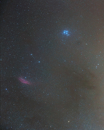 M45 and NGC1499 , or the Pleiades and California Nebula across Perseus and Taurus